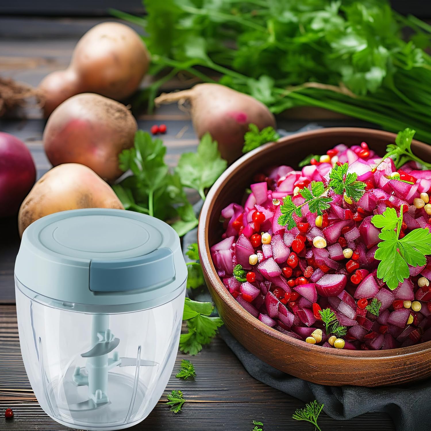 Pequeño procesador de alimentos manual Protable ensalada de carne picadora de frutas Cortador de cebolla Picadora de ajo Gadgets de cocina, 30.4 fl