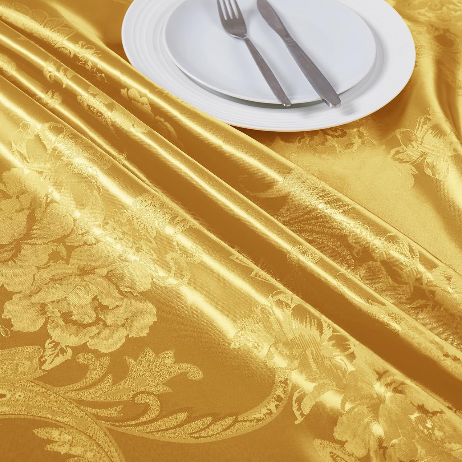 KKJIAF Paquete de 4 manteles jacquard de satén dorado de 60 x 102 pulgadas, mantel rectangular de damasco con patrón de peonía, mantel de satén de