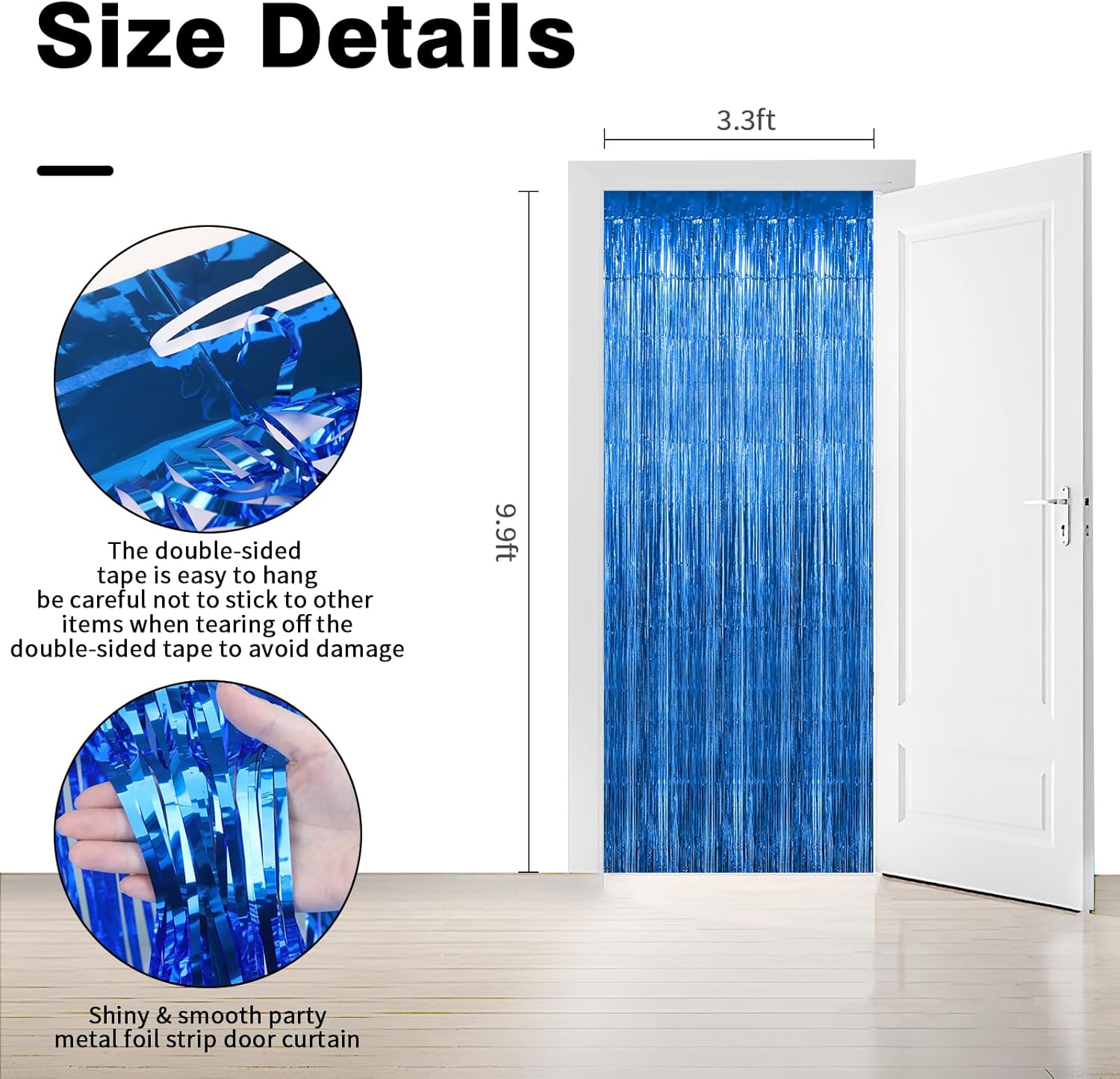 Cortinas de fondo de flecos de papel de aluminio azul, paquete de 3 unidades de 3.3 x 9.9 pies, cortina de oropel azul, decoración de fiesta, telón
