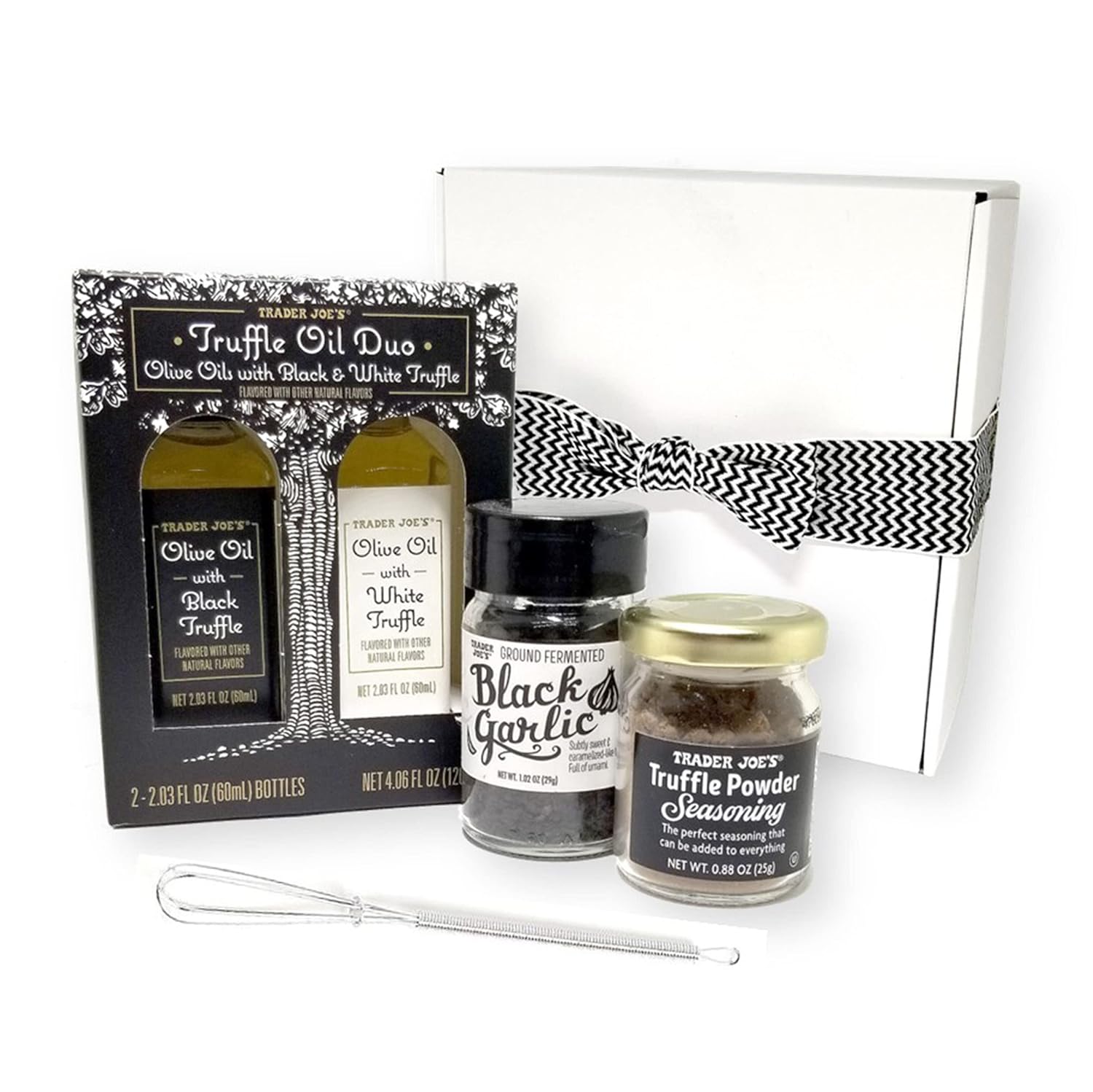 Juego de 4 piezas de aceite y condimentos especiales de Trader Joe’s en blanco y negro, dúo de aceite de trufa, condimento en polvo de trufa y ajo