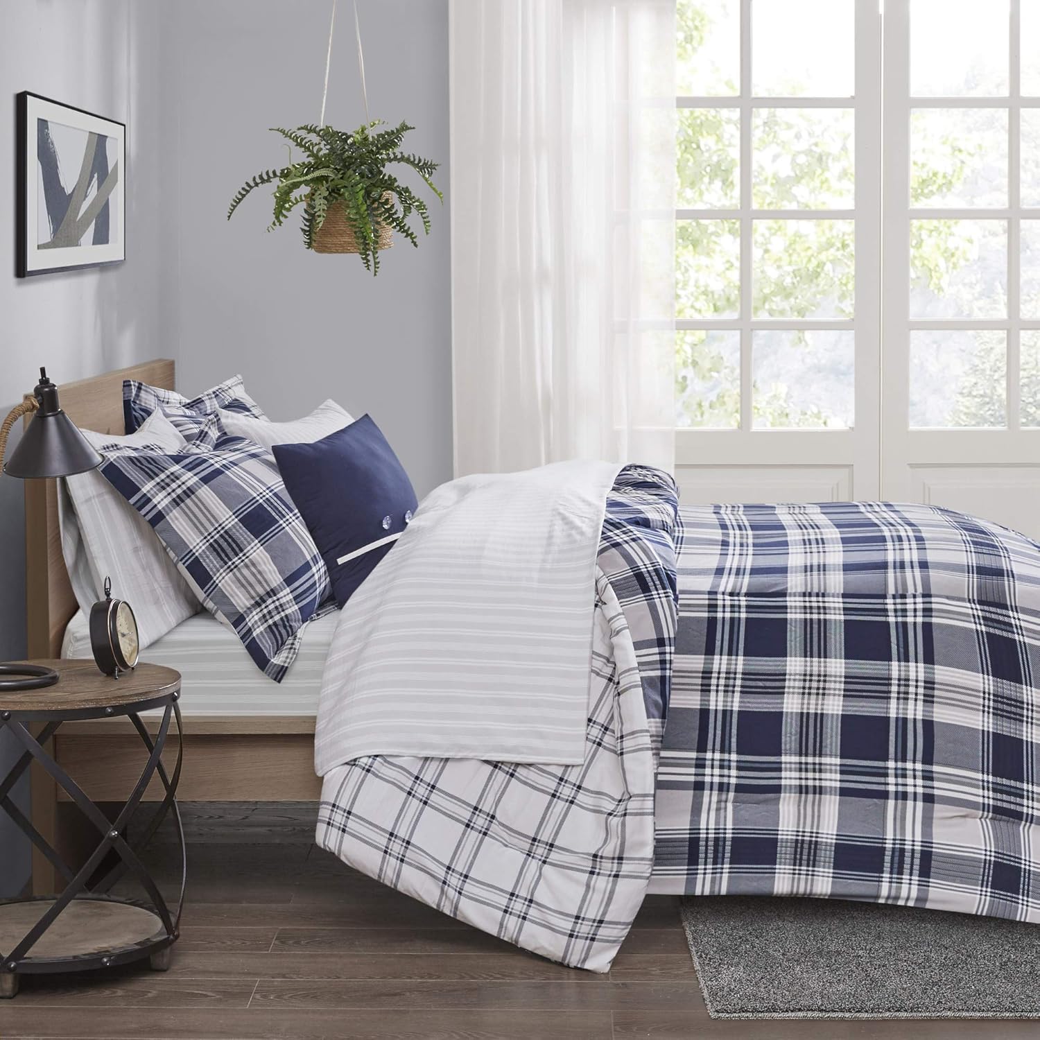 Madison Park Essentials Cozy Bed in A Bag – Edredón reversible con juego de sábanas completo, diseño casual de cabaña a cuadros, funda para todas