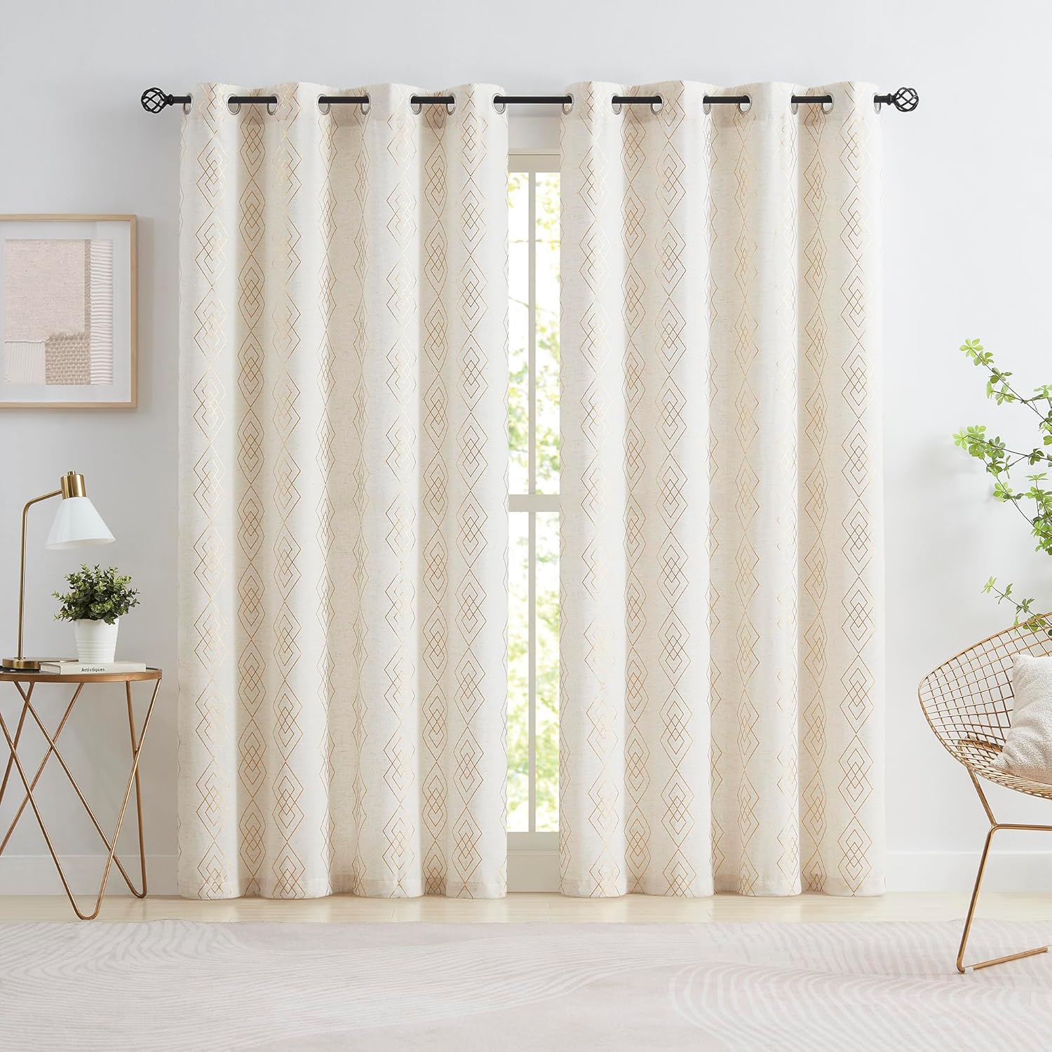 ugoutry Panel texturizado de lino dorado para dormitorio, cortinas bohemias geométricas metálicas para sala de estar, 84 pulgadas de largo, cortinas