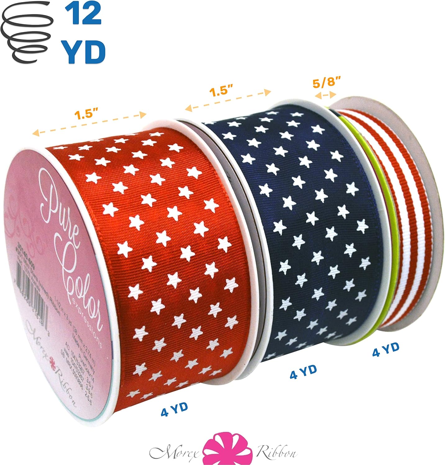 Morex Ribbon 30140P3-914 – Cinta patriótica con alambre con estrellas y rayas de 1.5 pulgadas x 12 yardas para envolver regalos, rojoblancoazul