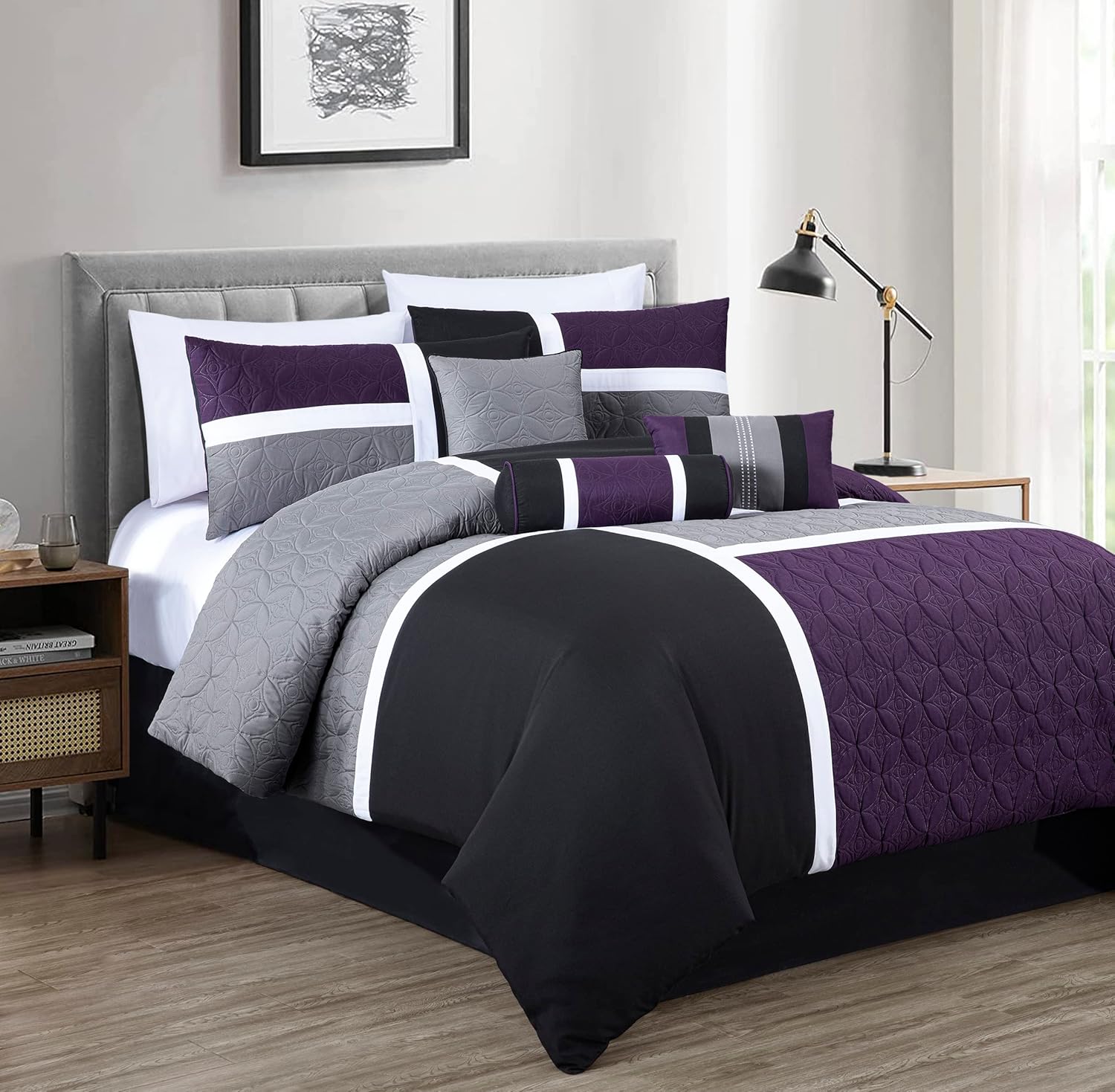 Chezmoi Collection Upland – Juego de edredón acolchado de retales, 7 piezas, moradonegrogris, tamaño matrimonial