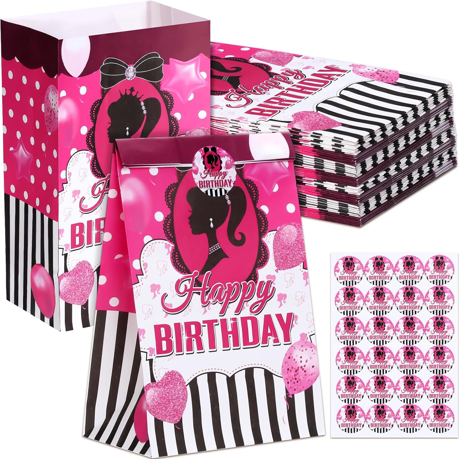 Tatuo 24 bolsas de regalo para fiesta de princesa, color rosa intenso, bolsas de regalo de papel de cumpleaños para niñas, bolsas de dulces para