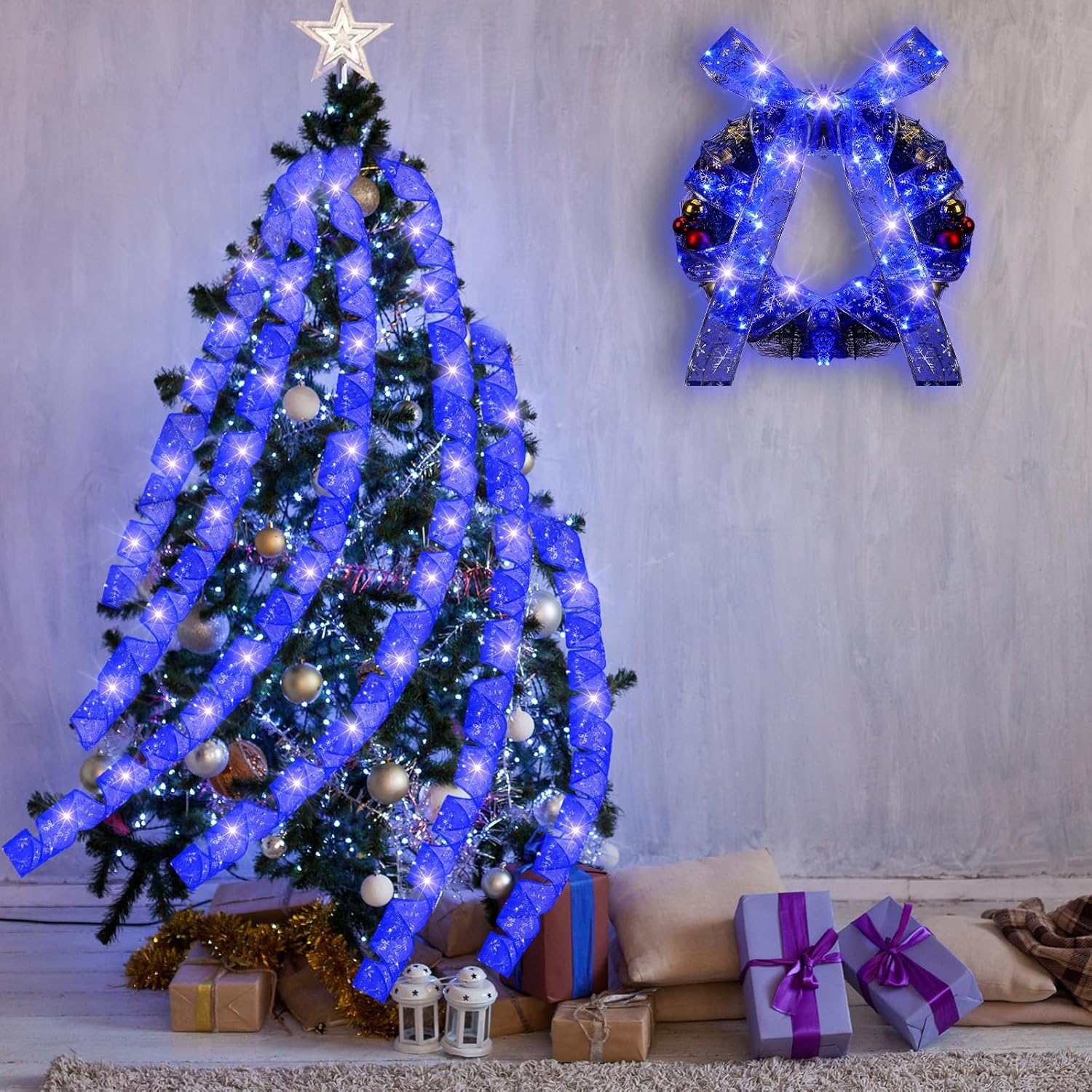 5 luces de cinta de Navidad de 82 pies, luces LED para árbol de Navidad, funciona con pilas, cinta de Navidad, guirnalda de luces de alambre para