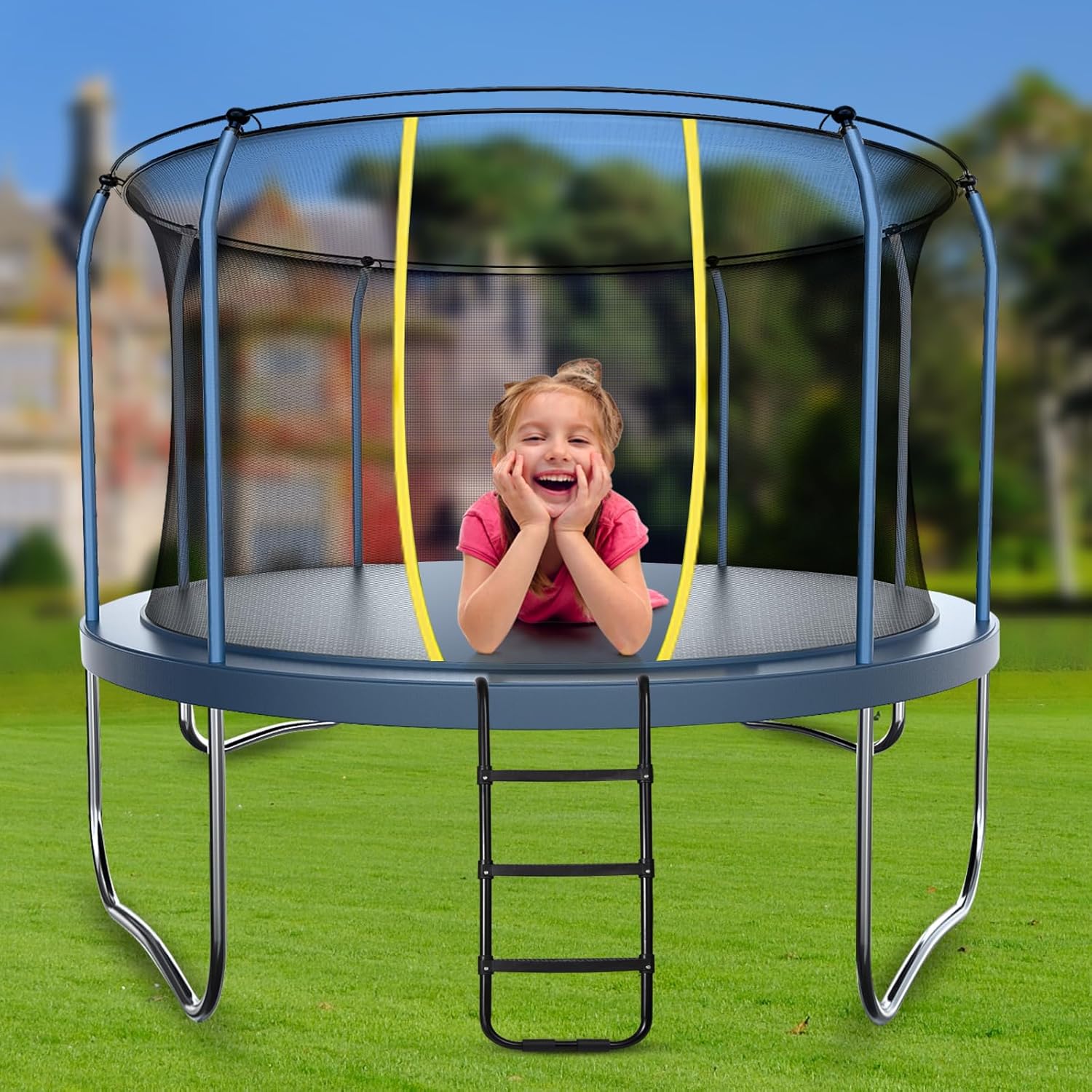 Escalera para cama elástica con escalones anchos horizontales, para trampolines de 12 pies y 14 pies, capacidad de 220 libras, accesorios de