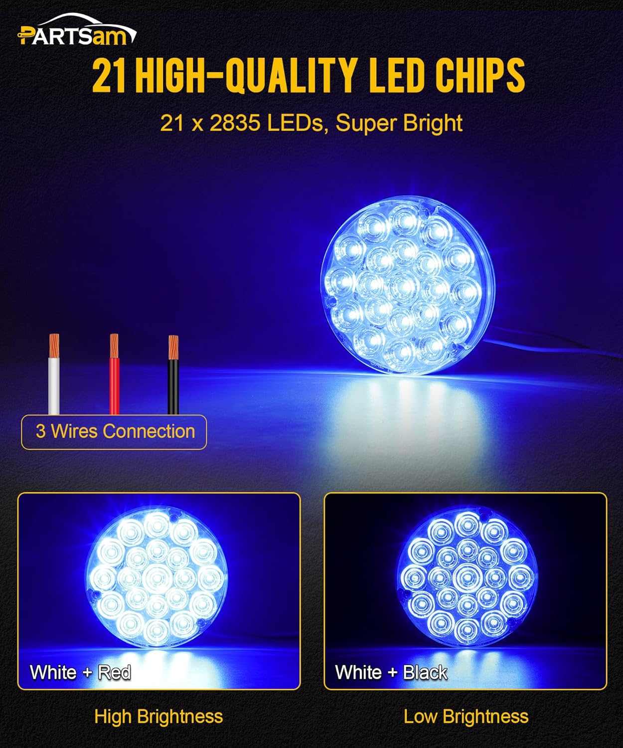 Partsam Luz trasera redonda de 4 pulgadas, 21-2835 LED, luces auxiliares azules, luz de carga de carga con 1157 zócalo TPE, lente transparente de