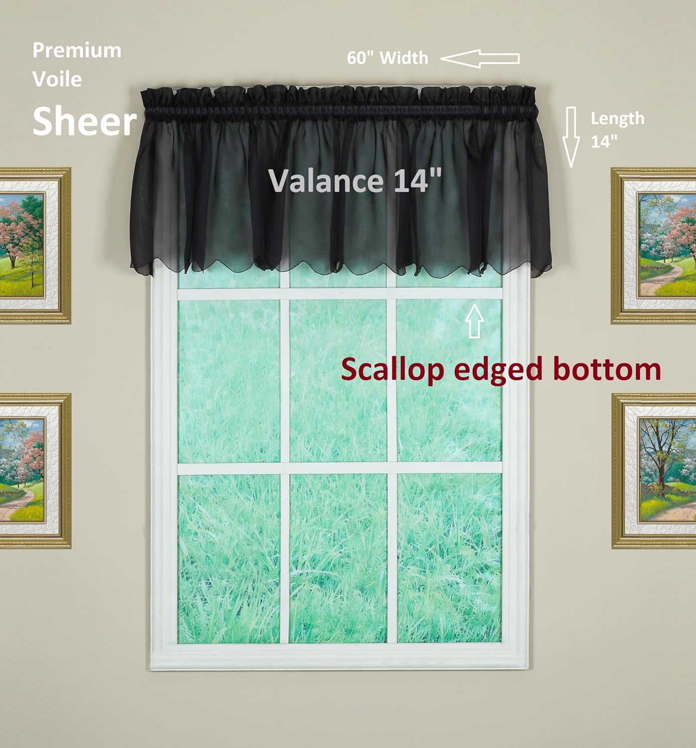 Today’s Curtain Cenefa de gasa original Emelia de 14 pulgadas, negro, 60 pulgadas de ancho x 14 pulgadas de largo