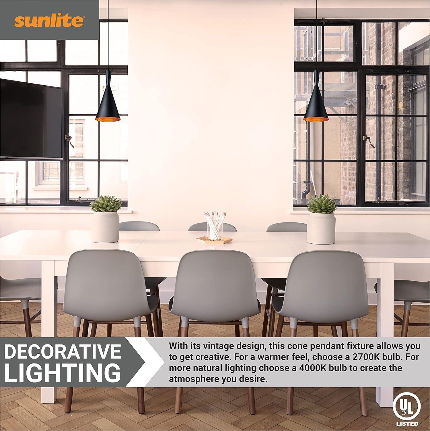 Sunlite 07028-SU – Colgante de cono de inspiración vintage, decoración de granja, base mediana (E26), longitud de cable ajustable de 78 pulgadas,
