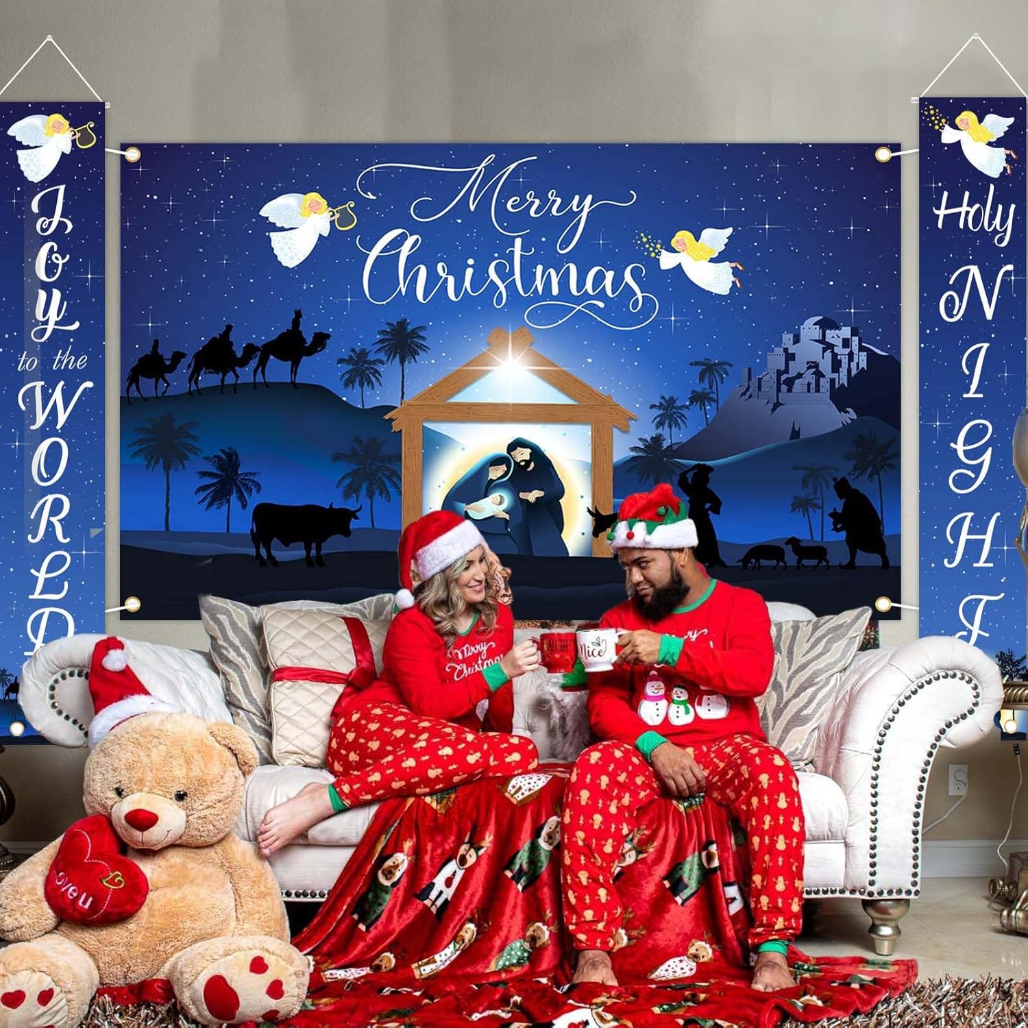 Avezano Decoraciones de Navidad azules para colgar pancartas religiosas de Feliz Navidad y letreros de porche para Navidad, para interiores y