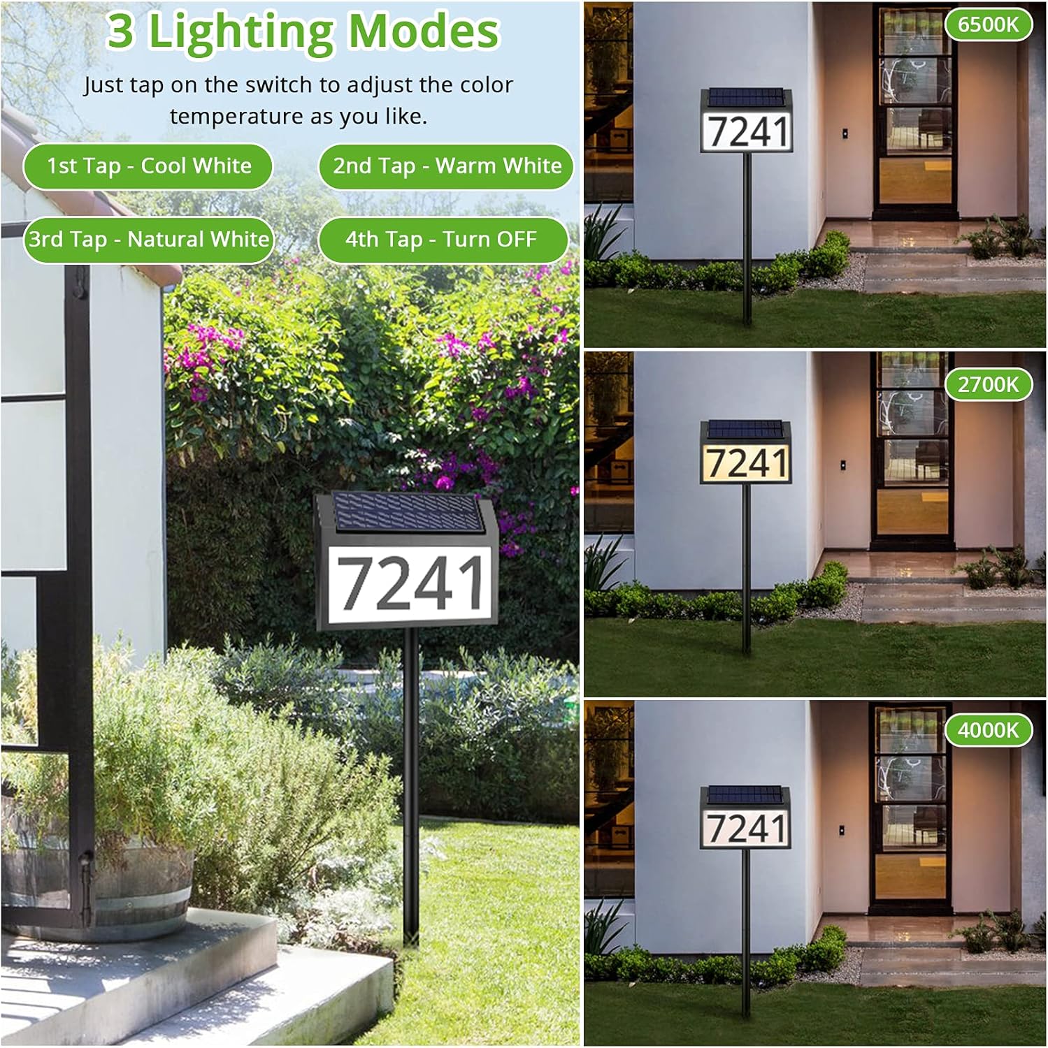 MAXvolador Letrero de dirección solar iluminado, números de casa impermeables, placas de dirección iluminadas con luces LED solares con estacas, 3