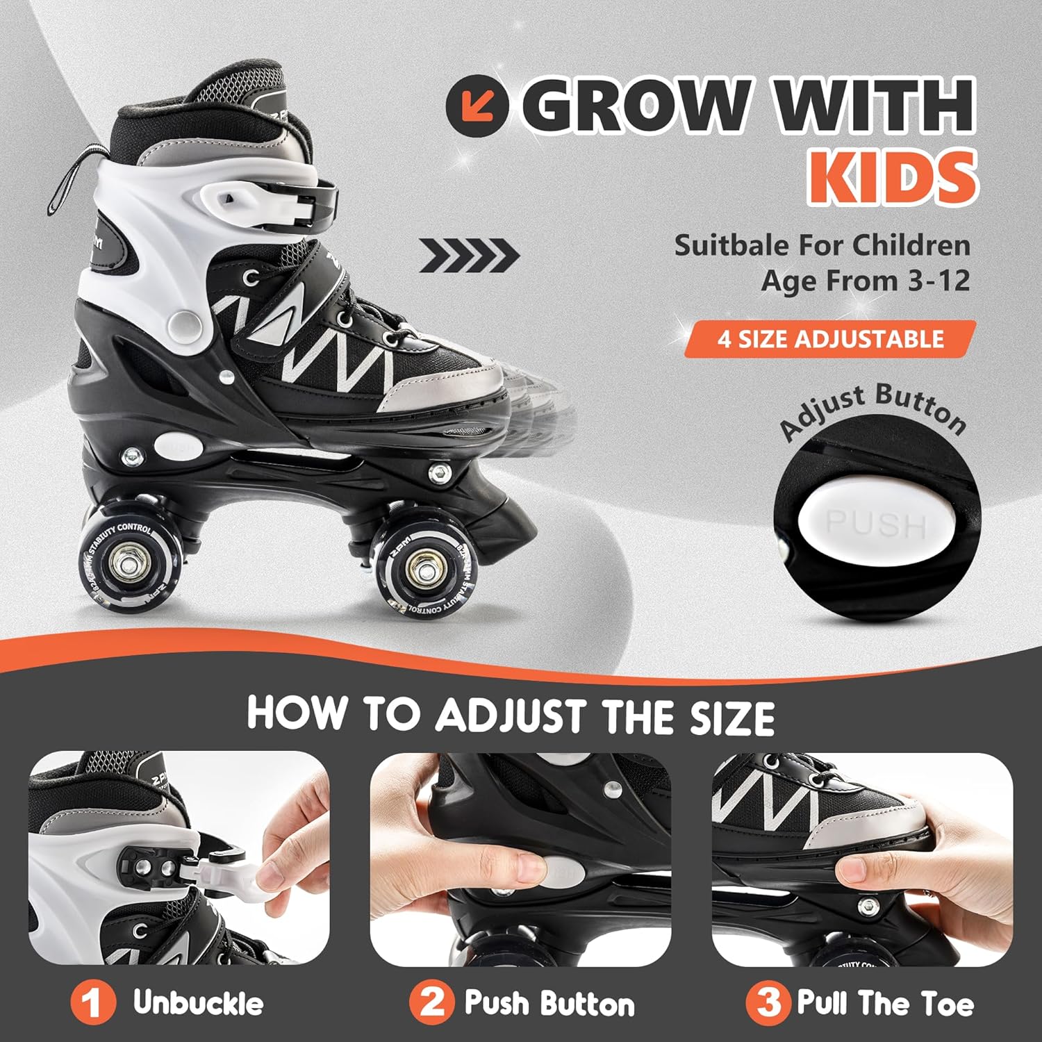 2PM SPORTS Patines de ruedas para niñas, 4 tamaños ajustables con luz para niños, patines para principiantes, para interiores y exteriores