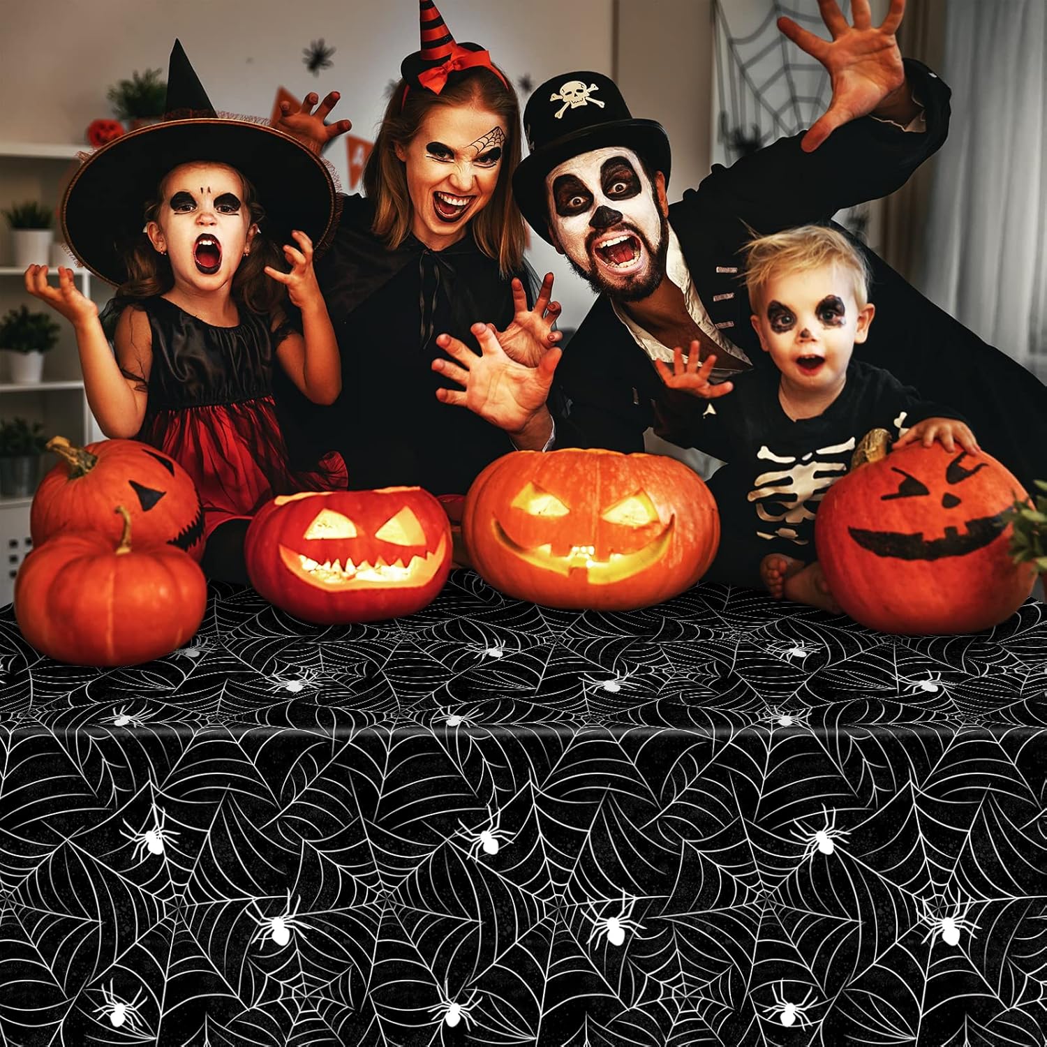 Paquete de 3 manteles rectangulares de tela de araña de Halloween, manteles de plástico de gran tamaño para decoración del hogar, decoraciones de