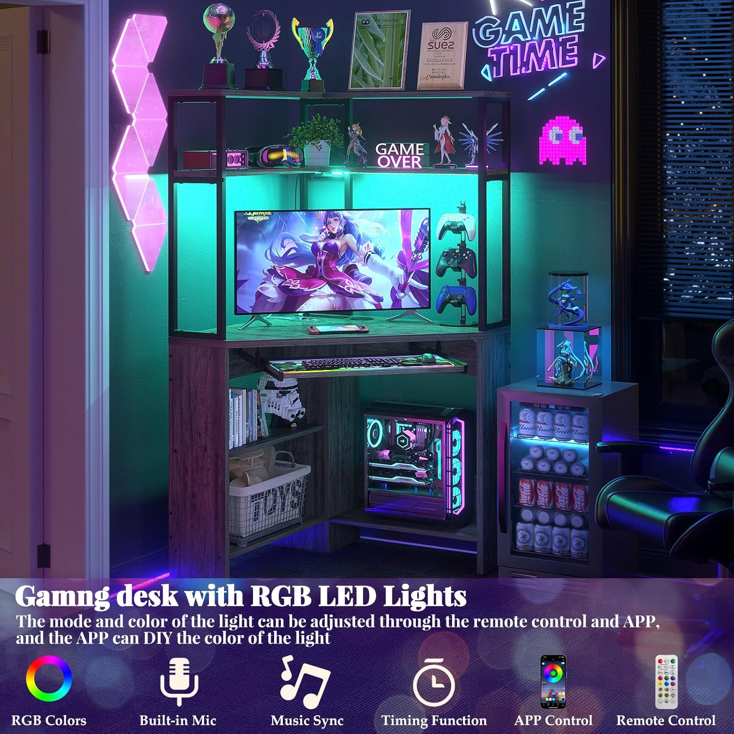 Cyclysio Escritorio esquinero pequeño con gabinete, escritorio de esquina para computadora con tomas de corriente y luz LED, escritorio de esquina