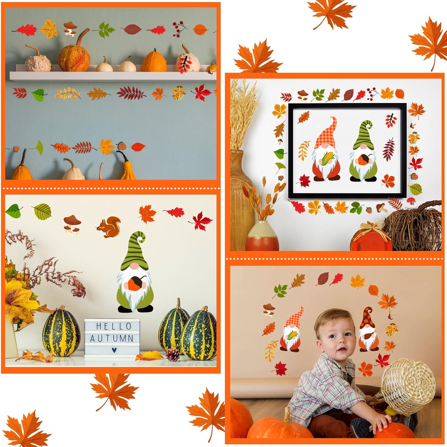 123 calcomanías de pared de gnomos de otoño, calcomanías de pared de Acción de Gracias, hojas de arce de otoño, decoración de pared, calcomanías de