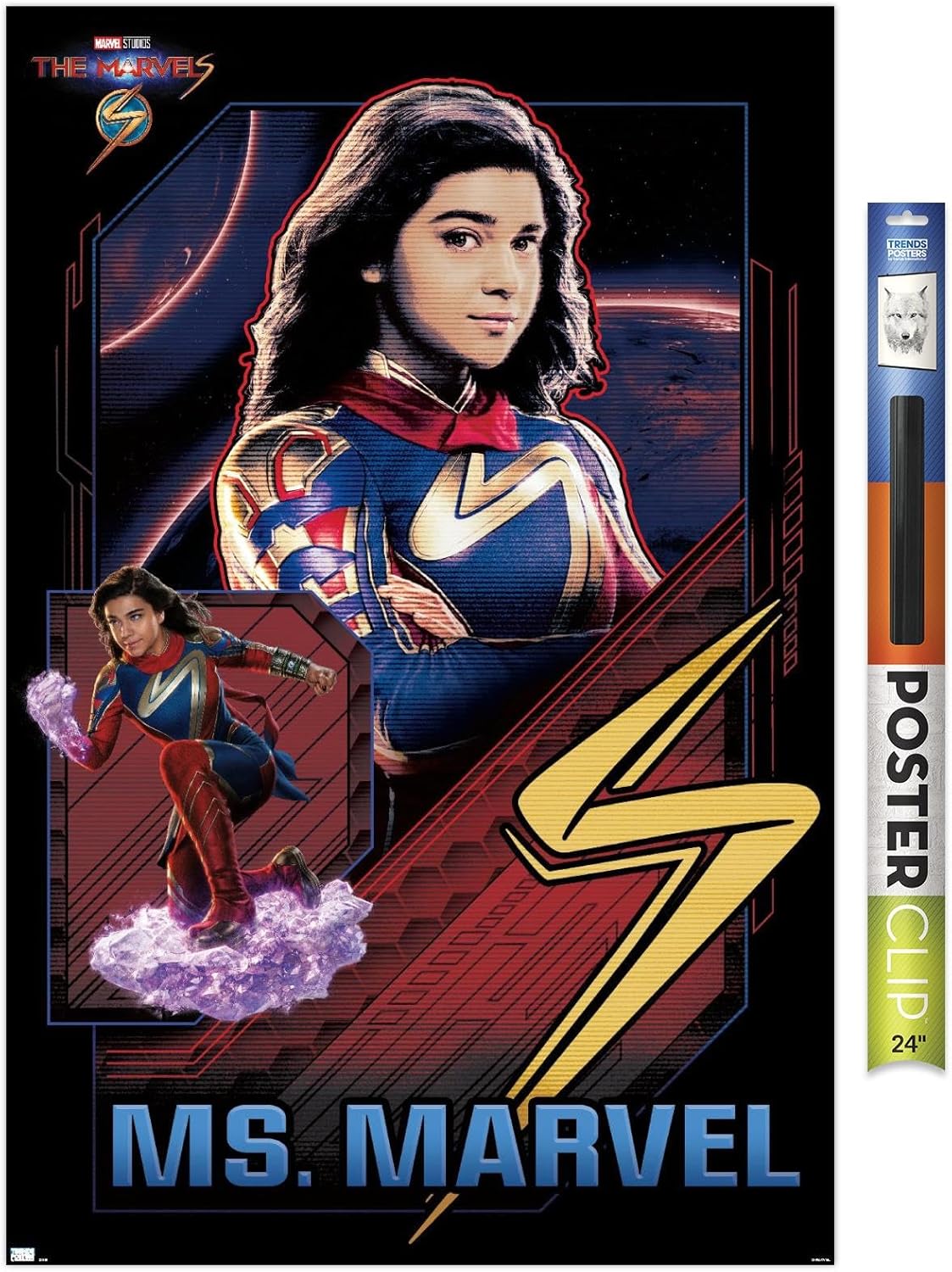 Trends International Marvel The Marvels – Póster de pared de Ms. Marvel, 22.37 x 34.00 pulgadas, paquete de póster y clip prémium