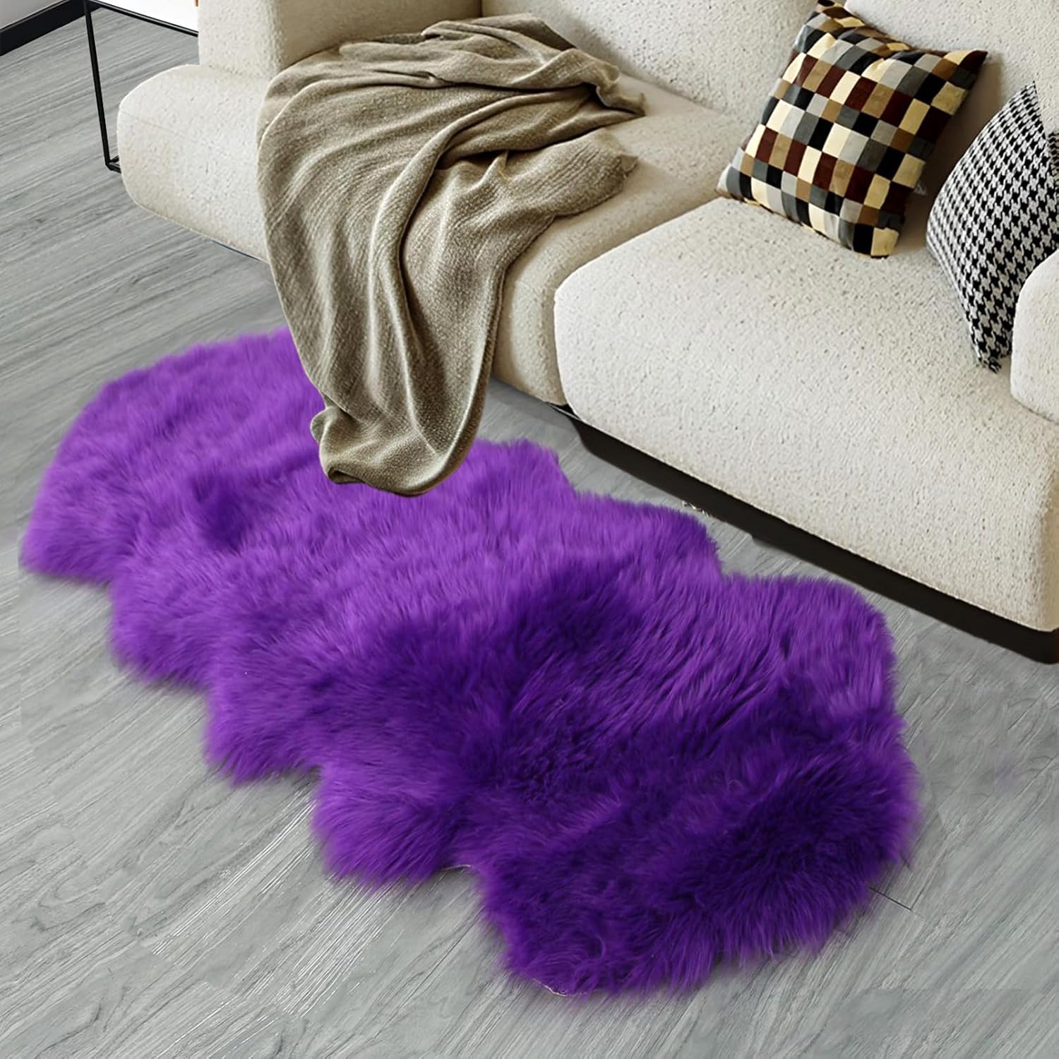 Alfombra suave y esponjosa con forma de oveja sintética, alfombra de área de piel morada, funda de sofá, cojín de asiento, alfombra peluda junto a