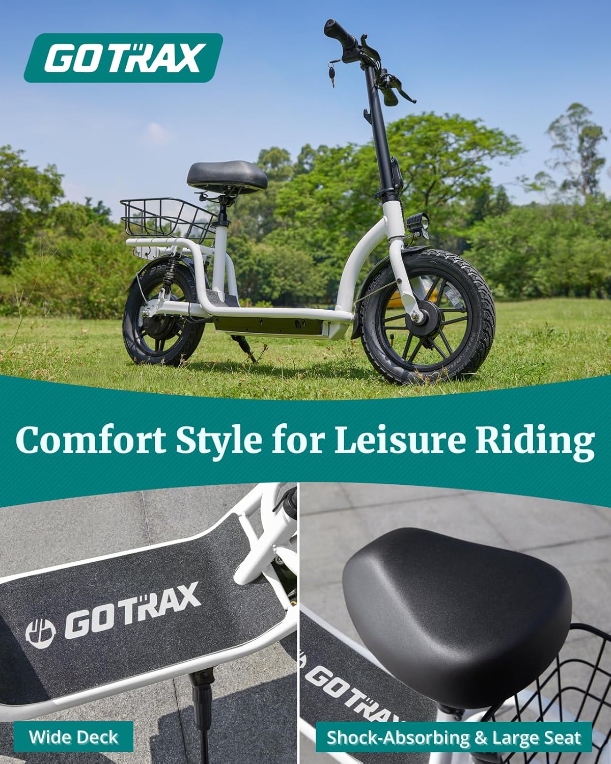 Gotrax Astro – Patinete eléctrico con asiento, neumático de 14 pulgadas y rango de 19 millas y potencia de 15.5 Mph por motor de 350 W, cómoda