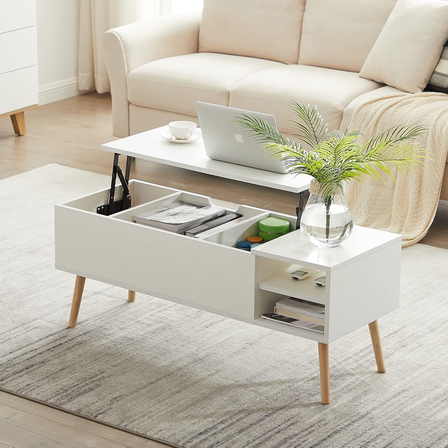 RuiSiSi Mesa auxiliar blanca con gran espacio de almacenamiento, moderna mesa auxiliar con compartimento oculto y estante ajustable, mesa auxiliar