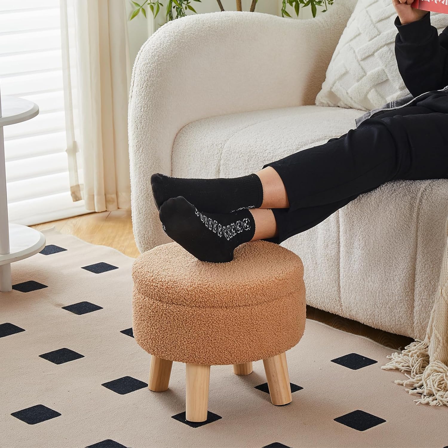 Wimarsbon Otomana de almacenamiento, moderno reposapiés redondo con asiento acolchado suave, reposapiés de terciopelo de peluche con patas de