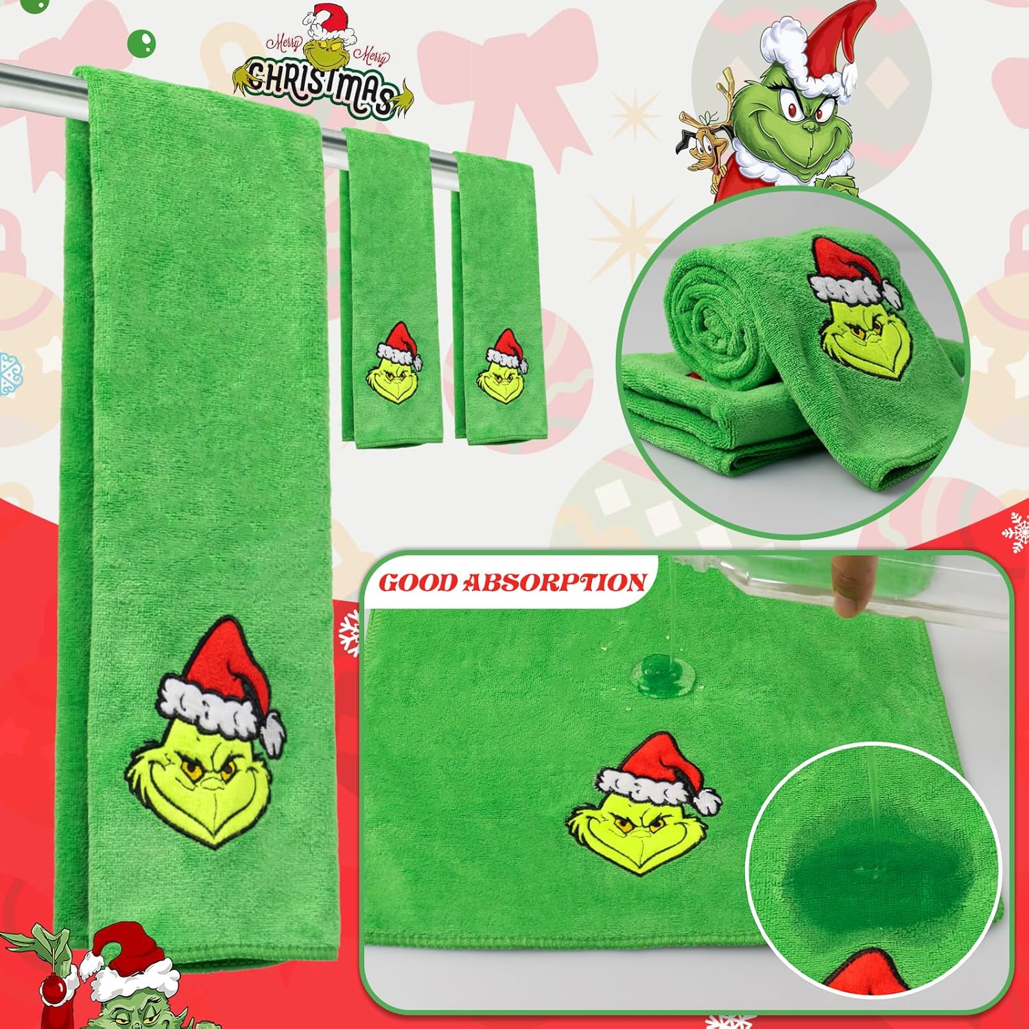 AMUHUA Juego de 3 toallas de mano navideñas para baño, color verde navideño, toallas de manos y toallas de baño para secar la ducha, limpiar y