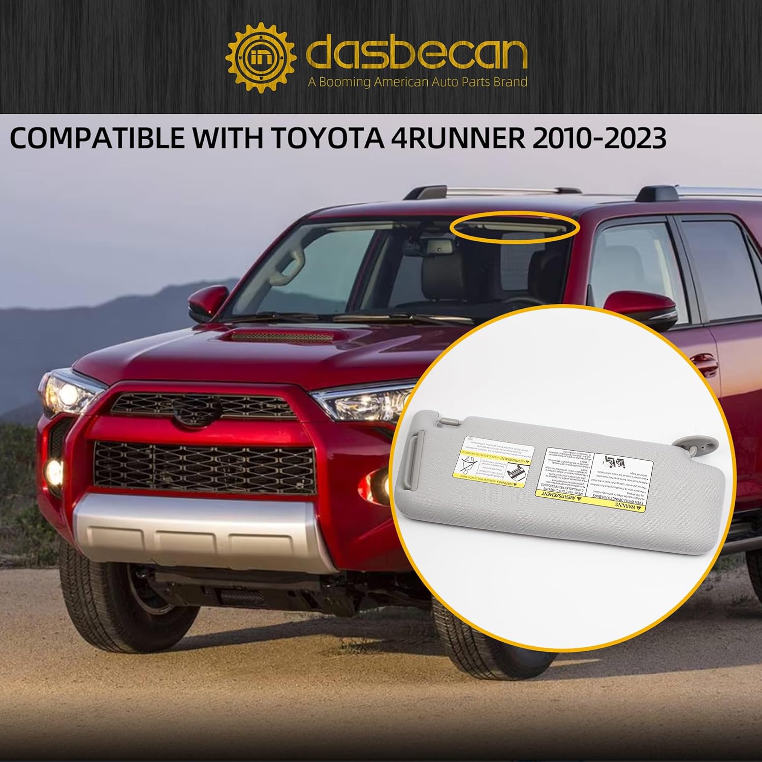 Dasbecan Visera solar delantera izquierda para el lado del conductor con luz de tocador compatible con Toyota 4Runner 2010-2023, reemplaza #