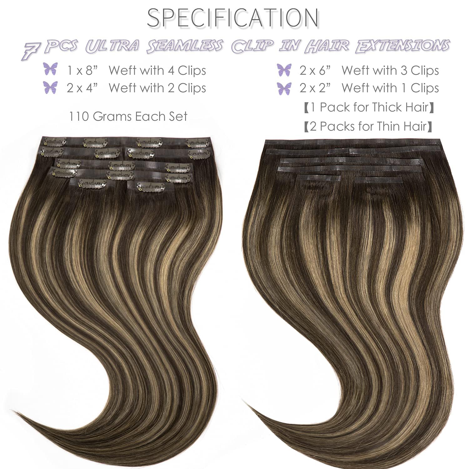 Lacer Extensiones de cabello humano con clip, sin costuras, con raíces de castaño castaño mezclado con marrón oscuro con raíces marrón oscuro,