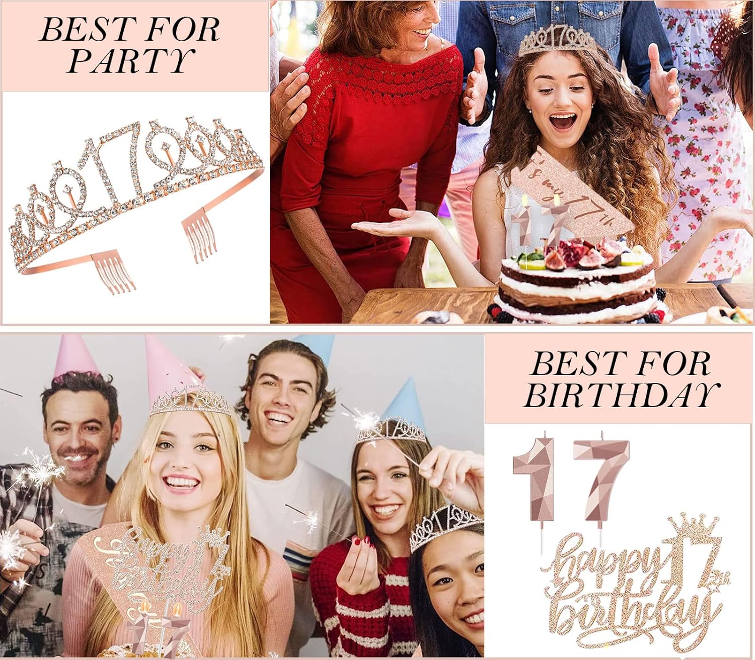 8 decoraciones de cumpleaños número 17 para niñas, incluye adorno para pastel de cumpleaños de 17 años, banda de reina de cumpleaños con alfiler de