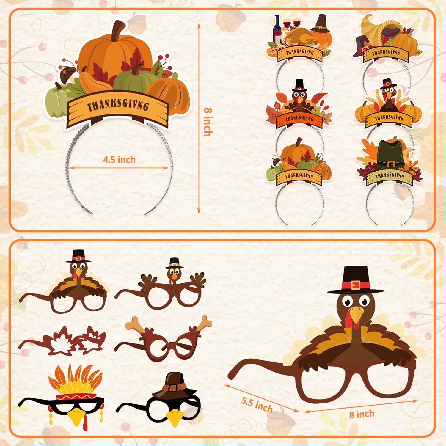 LovesTown Juego de 12 diademas para gafas de Acción de Gracias, Turquía y marco de anteojos, lentes de papel para fiestas, accesorios para fotos