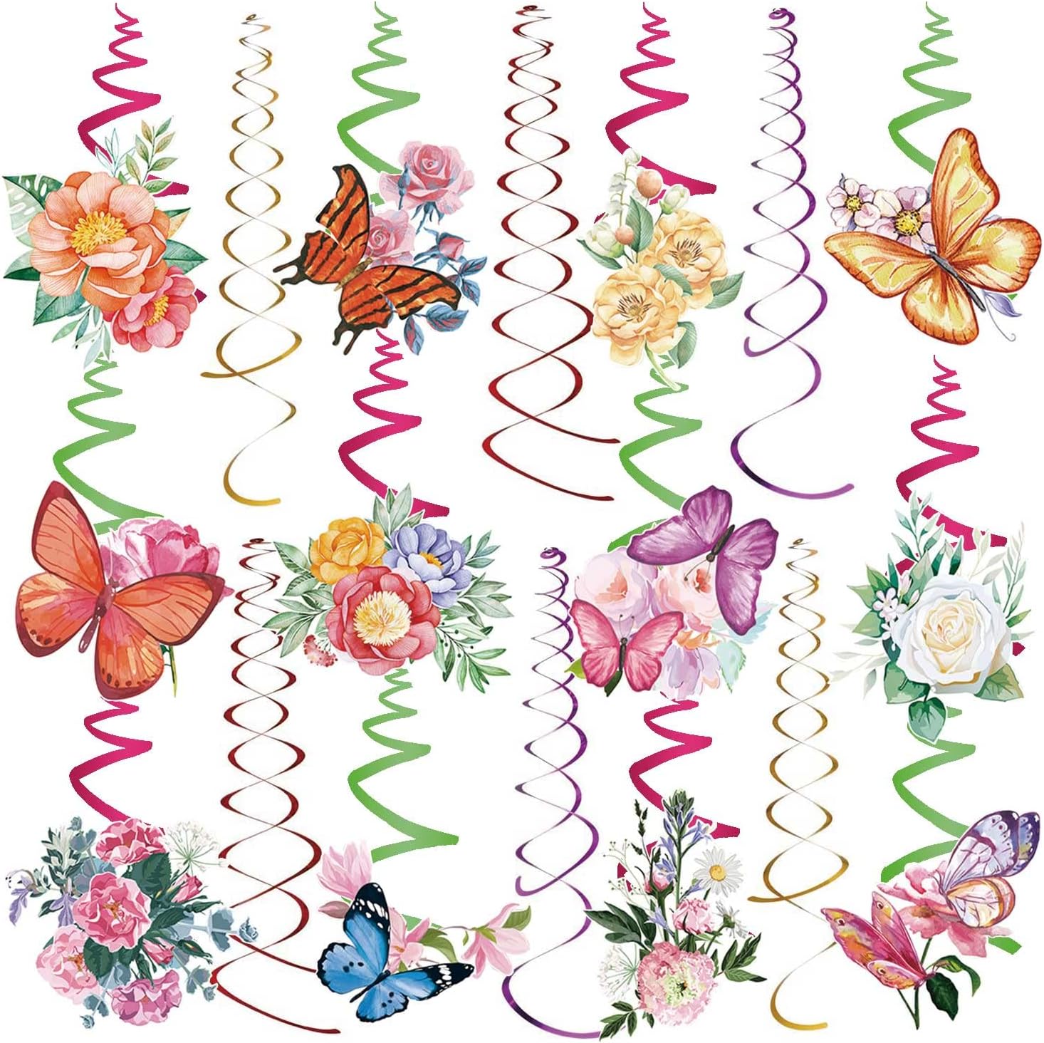 30 piezas de espirales colgantes de mariposas, decoraciones de fiesta de mariposas, remolinos colgantes de flores, decoraciones de serpentinas de