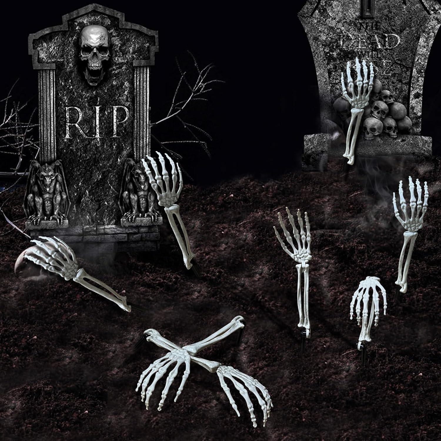 8 estacas de esqueleto de aspecto realista, manos esqueléticas de plástico divididas, brazos zombi de Halloween, estacas de césped para decoración