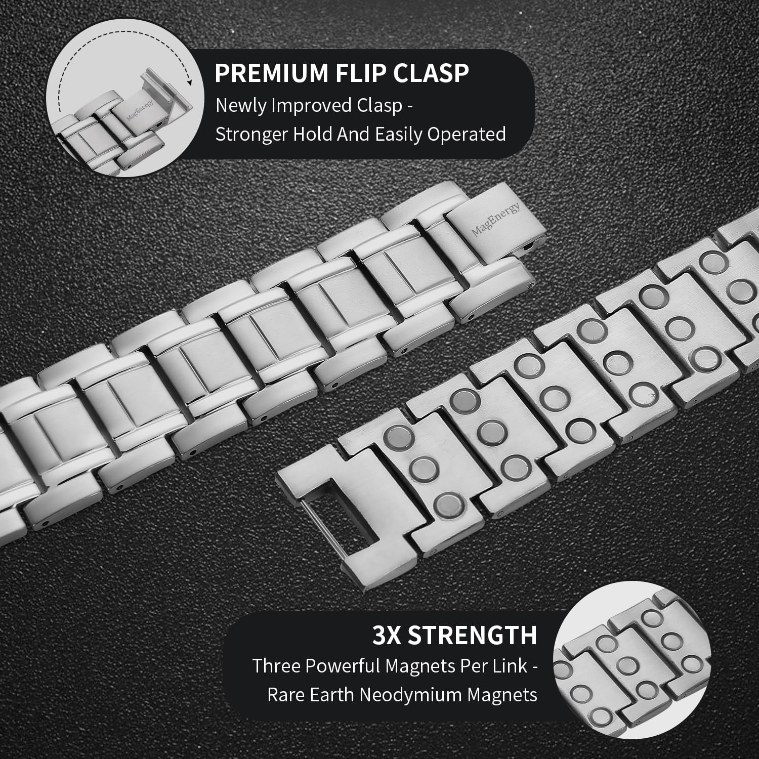 MagEnergy Pulsera magnética para hombre para el dolor, pulsera de terapia magnética con imanes de neodimio de 3 filas, pulsera de acero de titanio
