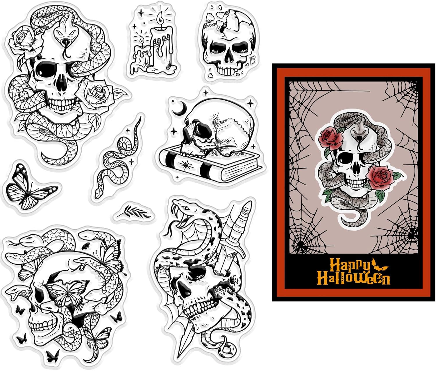 CRASPIRE Sellos transparentes de silicona con calavera gótica, mariposa, flores, reloj vintage de Halloween, sello de goma transparente, sello de