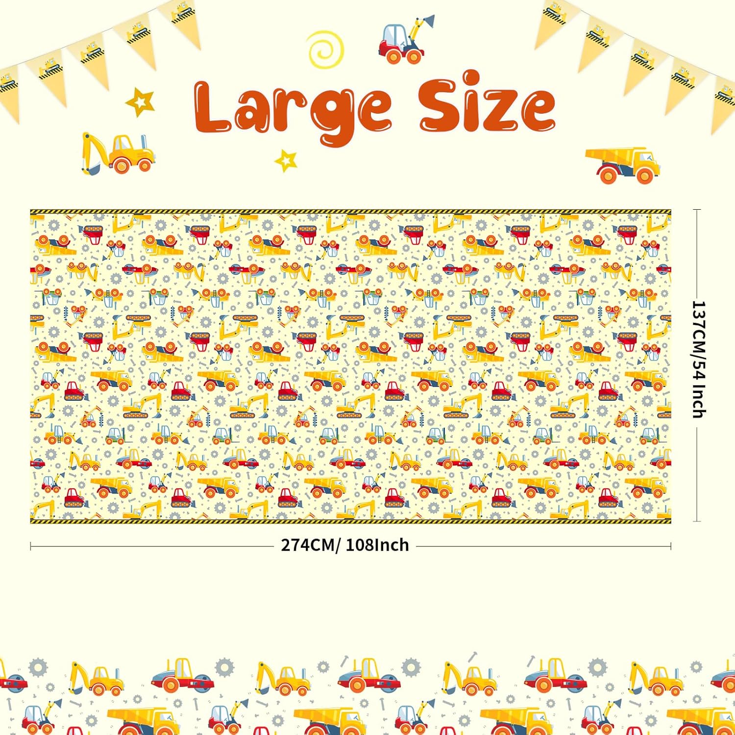 FunHot Manteles de construcción, 2 fundas de mesa de construcción amarillas, 54 x 108 pulgadas, manteles rectangulares de vehículos de construcción