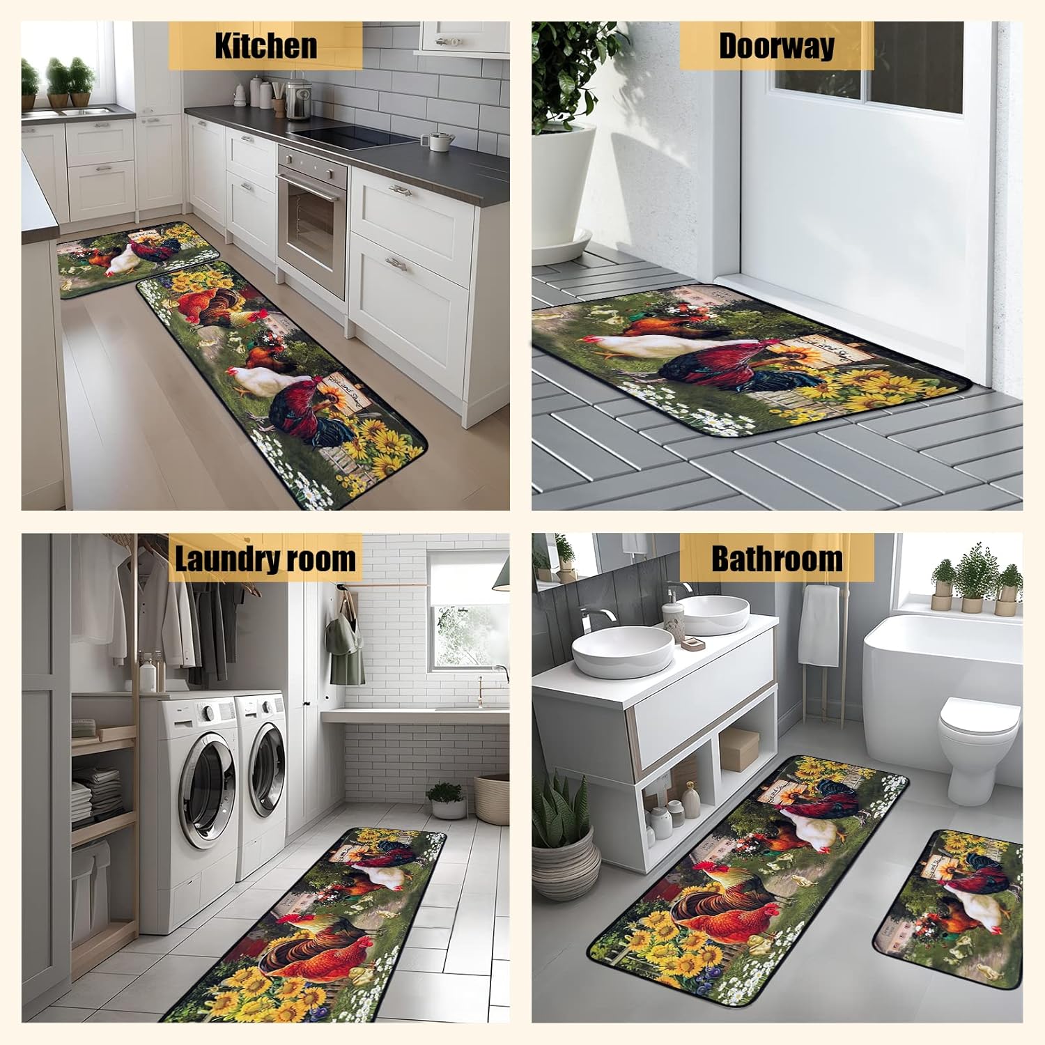 Alfombras de cocina de gallo, tapetes de microfibra antideslizantes y lavables para suelo de cocina, juego de 2 alfombras acolchadas de girasol para