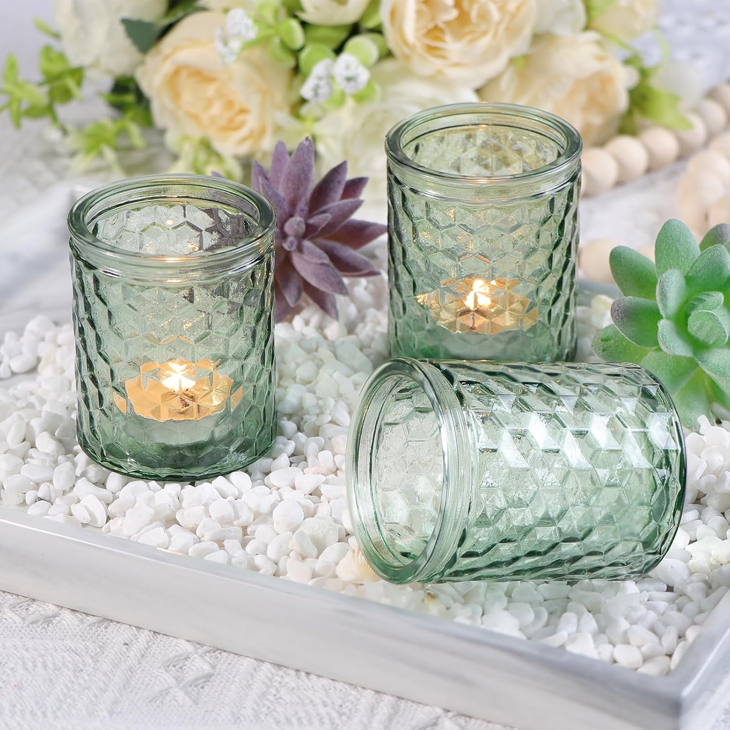 12 portavelas votivas verdes, candelabros de cristal para decoración del hogar, suministros de fiesta y decoración navideña
