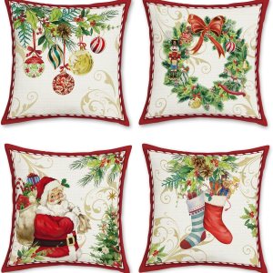 Bonhause Juego de 4 fundas de almohada de Navidad de 18 x 18 pulgadas, diseño de Papá Noel con corona de Navidad, calcetines de campanas de corona Bonhause Juego de 4 fundas de almohada de Navidad de 18 x 18 pulgadas, diseño de Papá Noel con corona de Navidad, calcetines de campanas de corona