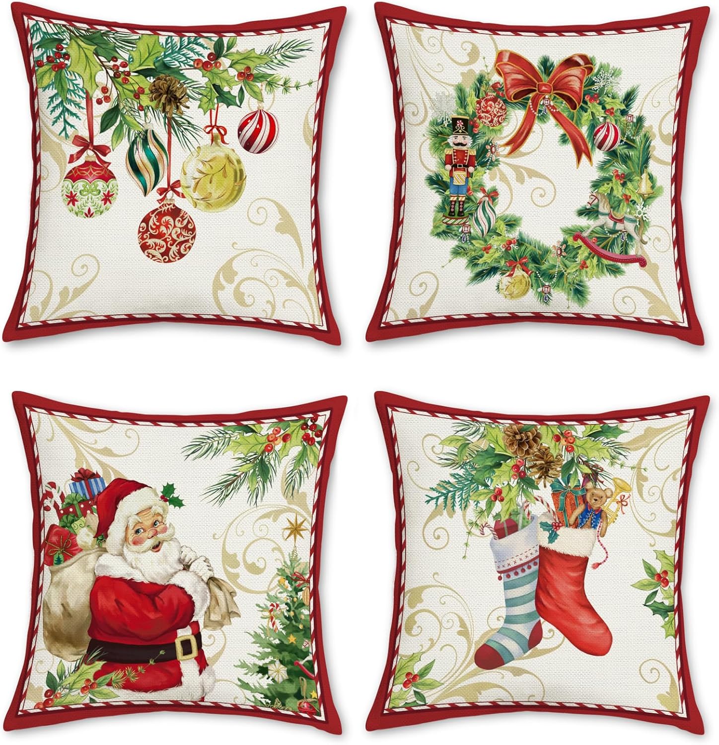 Bonhause Juego de 4 fundas de almohada de Navidad de 18 x 18 pulgadas, diseño de Papá Noel con corona de Navidad, calcetines de campanas de corona