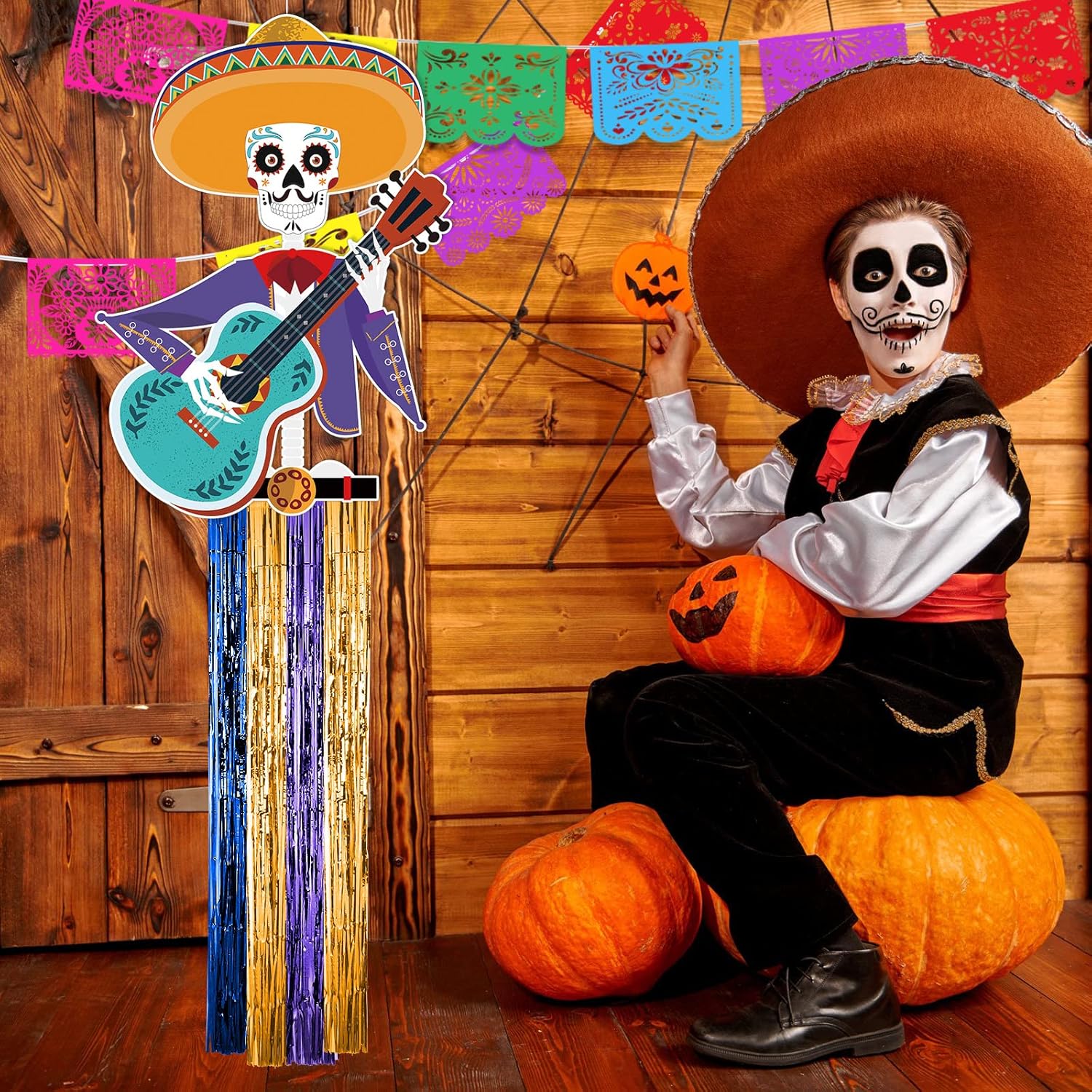TaoBary Juego de 15 decoraciones del Día de los Muertos de 34 pulgadas, decoración colgante de calavera de azúcar de 16.4 pies, pancartas de papel