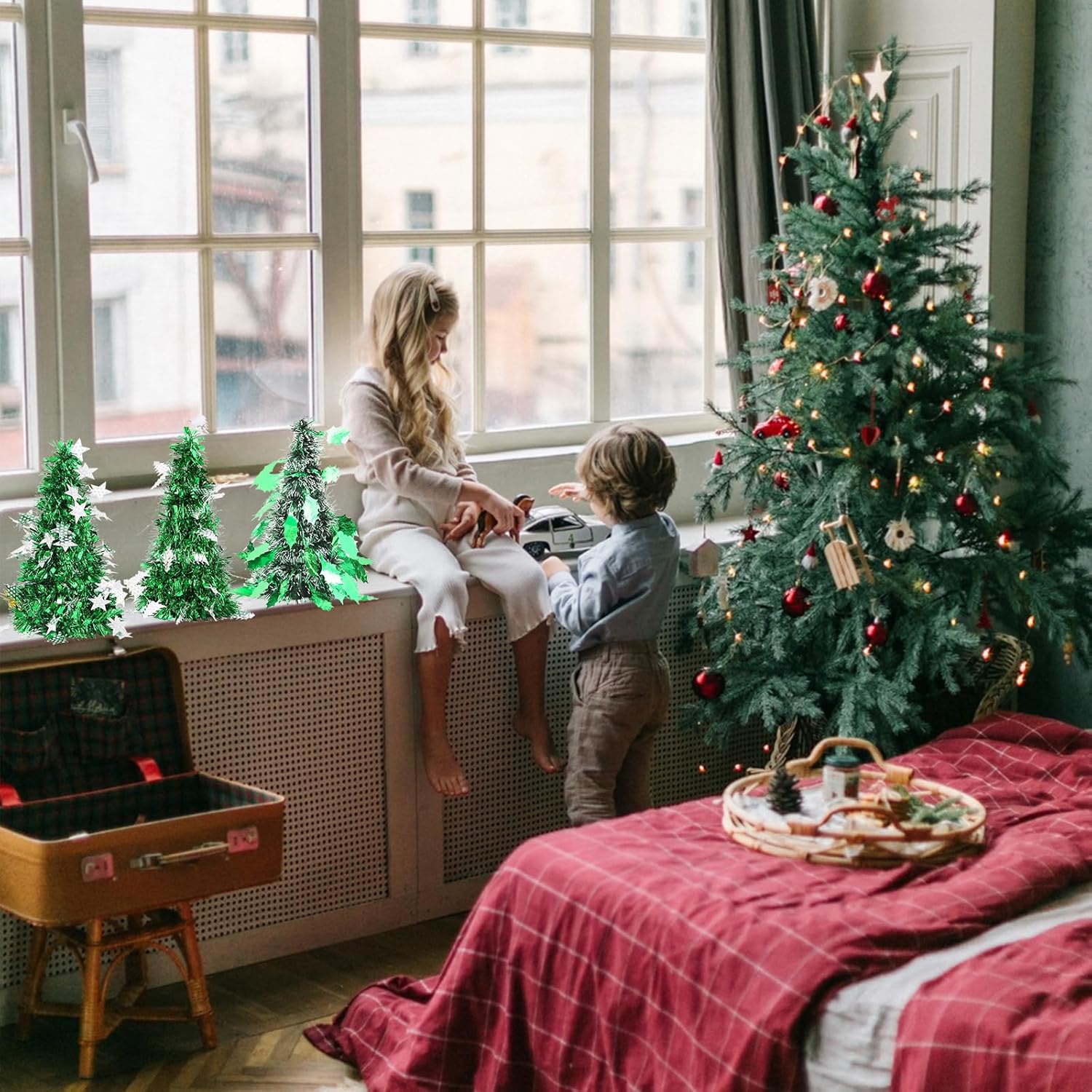 Mini árbol de Navidad, árbol de Navidad de oropel artificial con luces, árbol de Navidad de mesa, funciona con pilas, pequeño árbol de Navidad para