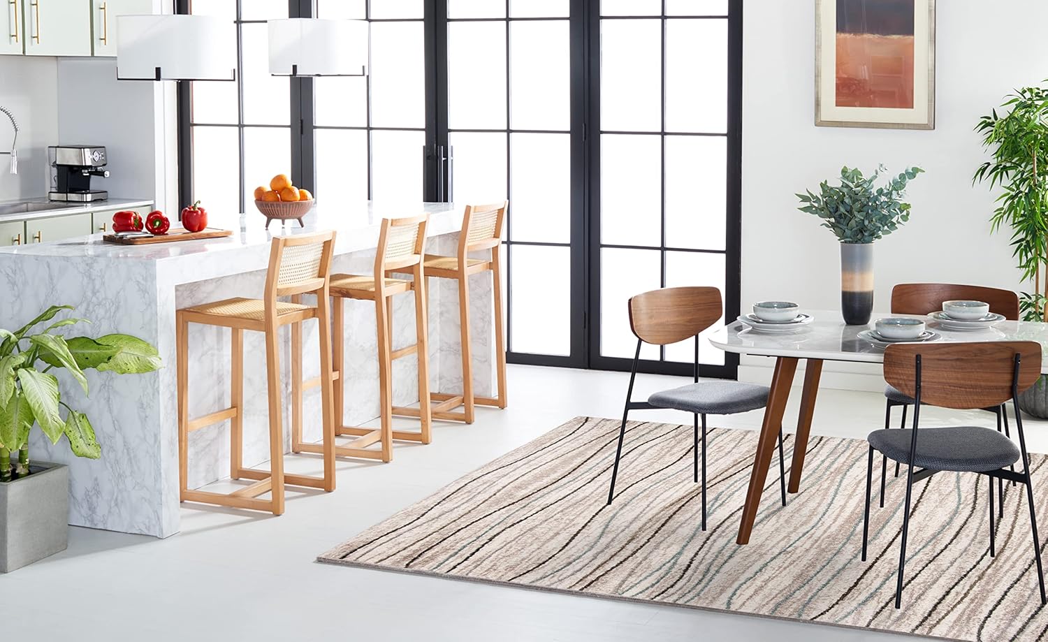 SAFAVIEH Amsterdam Collection AMS111A – Alfombra decorativa de 4 x 6 pies, color crema y beige, diseño moderno de ondas, no desprende pelusa y de