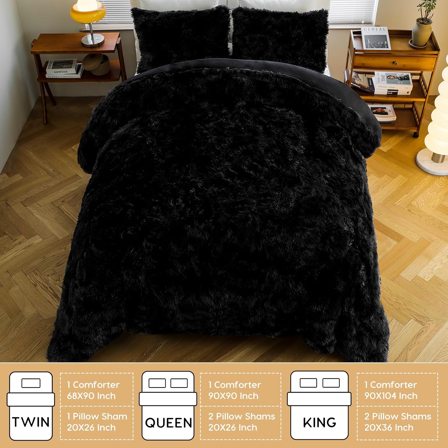 Auemtyn Juego de edredón lanudo tamaño Queen, juego de edredón de pelo sintético negro con 2 fundas de almohada, juego de edredón de lujo lavable de