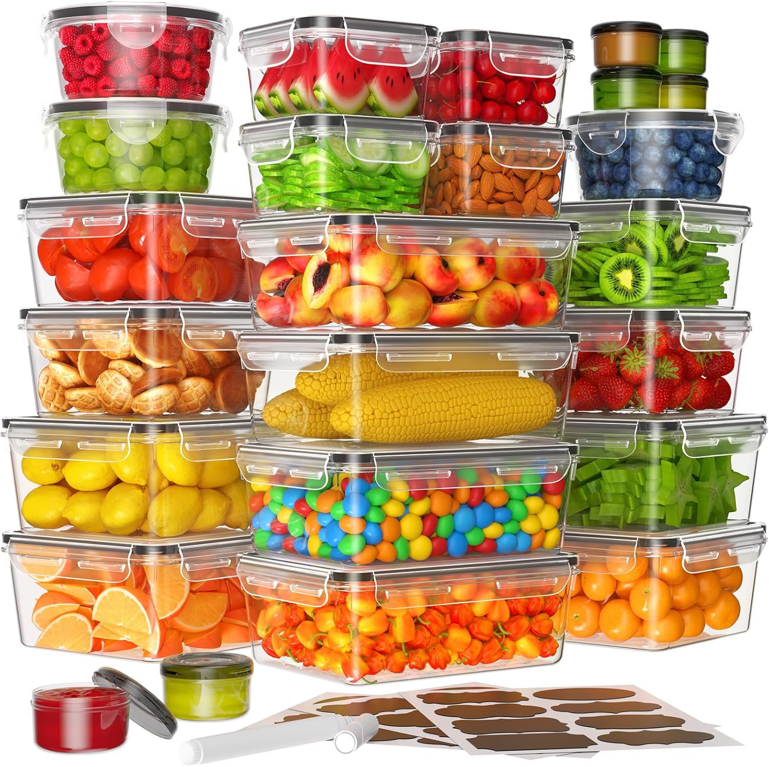 50 recipientes grandes de almacenamiento de alimentos con tapas herméticas (25 contenedores y 25 tapas), organización de cocina, preparación de