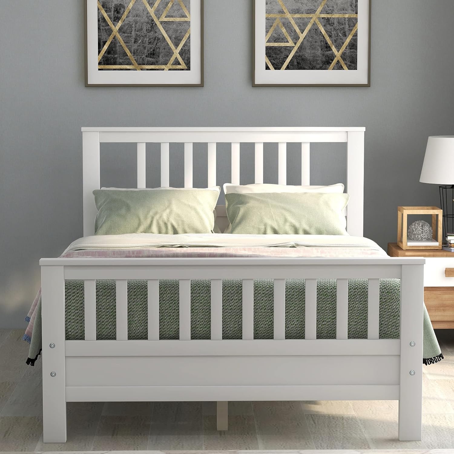 Base de cama de plataforma blanca de tamaño matrimonial con cabecero y estribo, marco de cama matrimonial de madera con soporte de listones