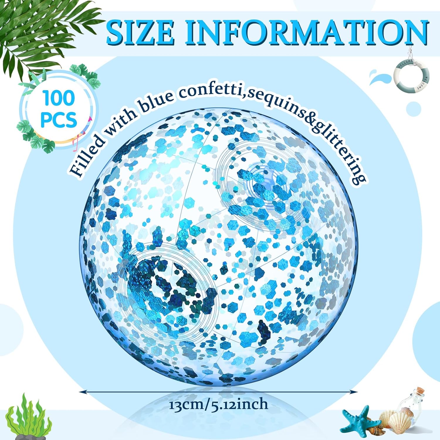 Threan 100 Pack Mini Glitter Beach Ball Bulk 5 Inch Inflatable Sequin Beach Balls Clear Pool Toys Beach Party Decorations with Confetti for Boys