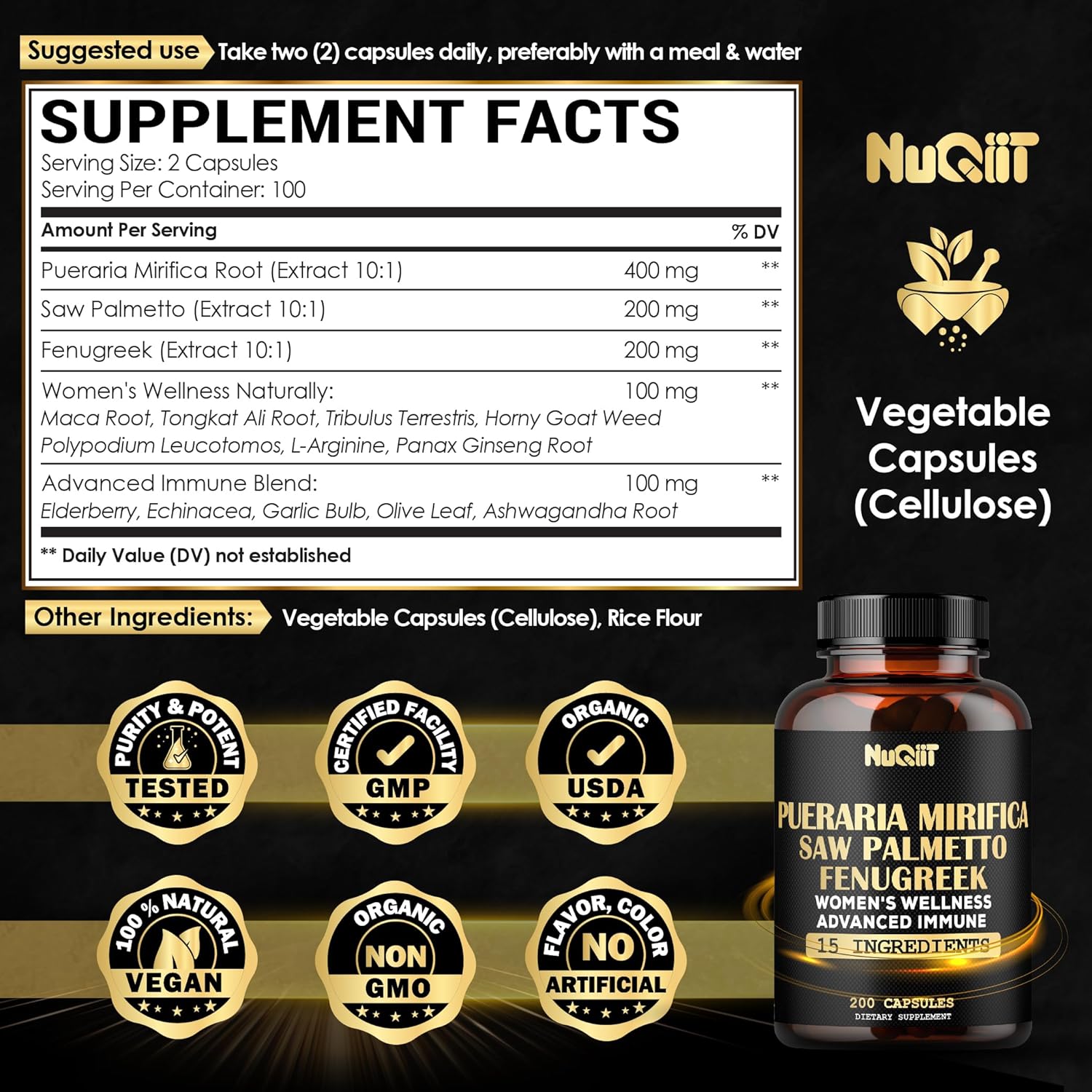 Pueraria Mirifica Extracto 101 de fenogreco con suplemento de bienestar inmunológico y para mujeres de 1000 mg – Saw Palmetto, raíz de maca, saúco y