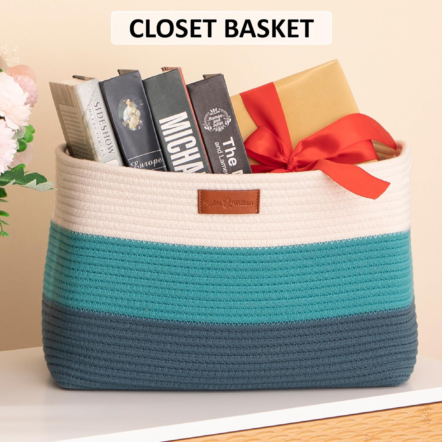 PHI VILLA Large Cotton Rope Basket, Woven Nursery Laundry Blanket Basket Toy Basket with Handles for Storage, Living Room, 15 x 10 x 8 inches,