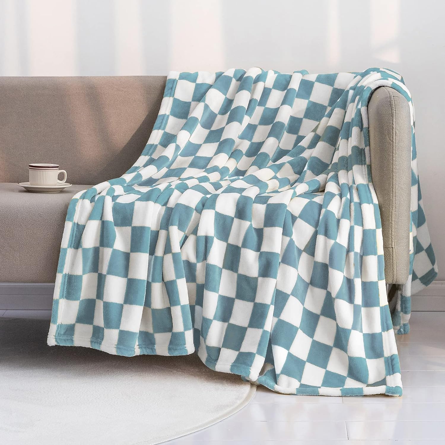LOMAO Manta de franela con patrón de cuadrícula de ajedrez, suave, lujosa, cálida y acogedora para sofá y cama, para todas las estaciones (azul