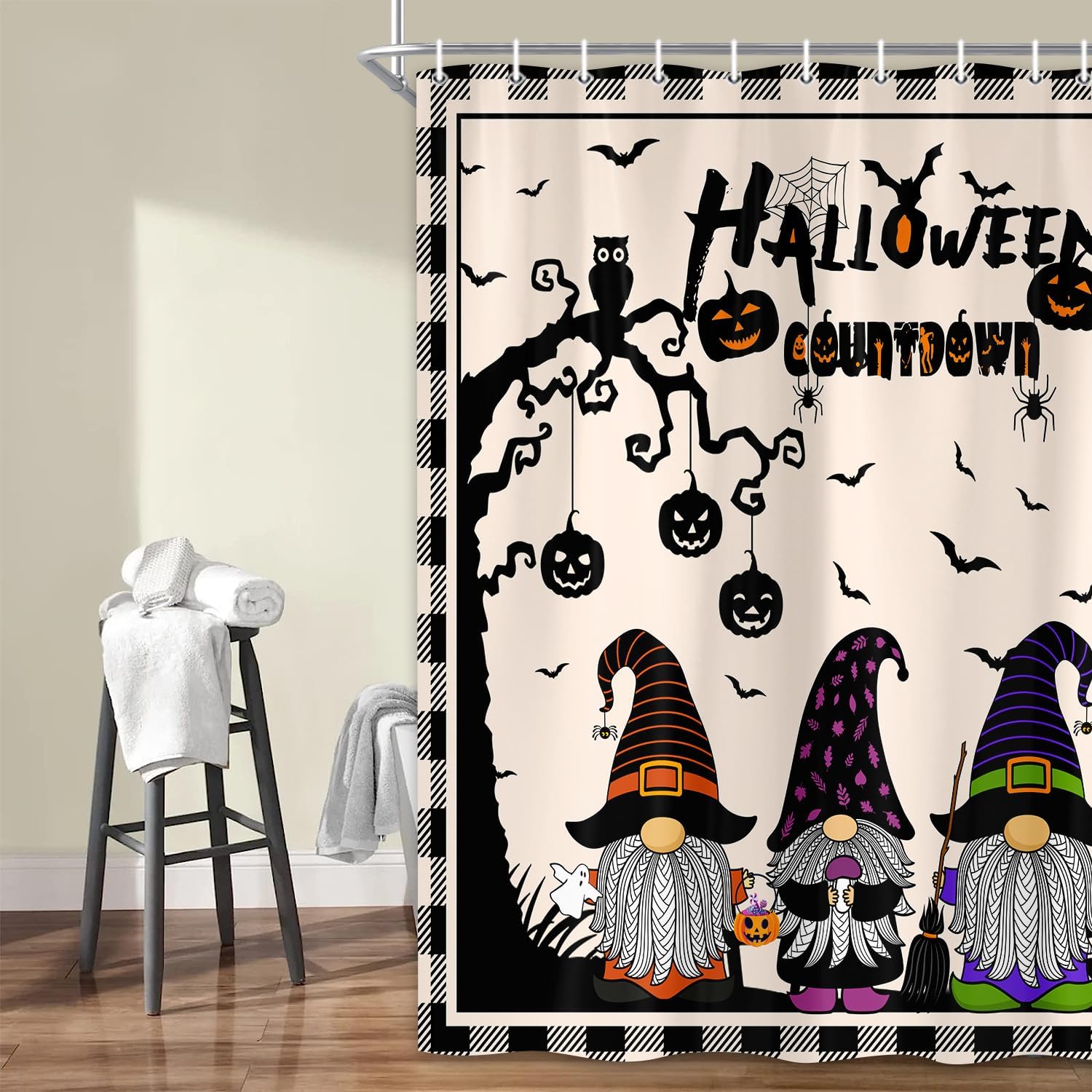 Cortina de ducha de gnomos de Halloween, faroles de calabaza de terror, murciélago, araña, juego de cortina de ducha para baño, cortina de ducha de